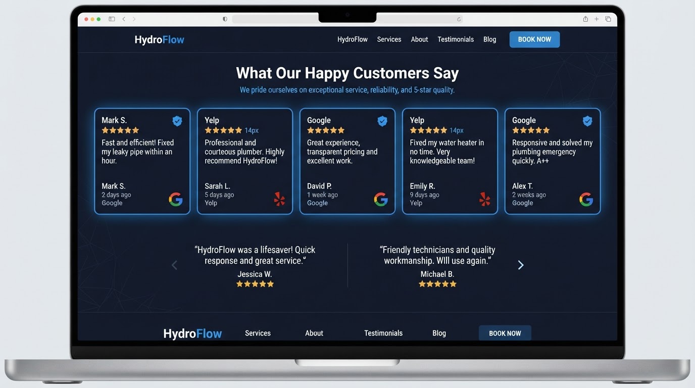 Contractor website showing 5-star Google and Yelp review cards