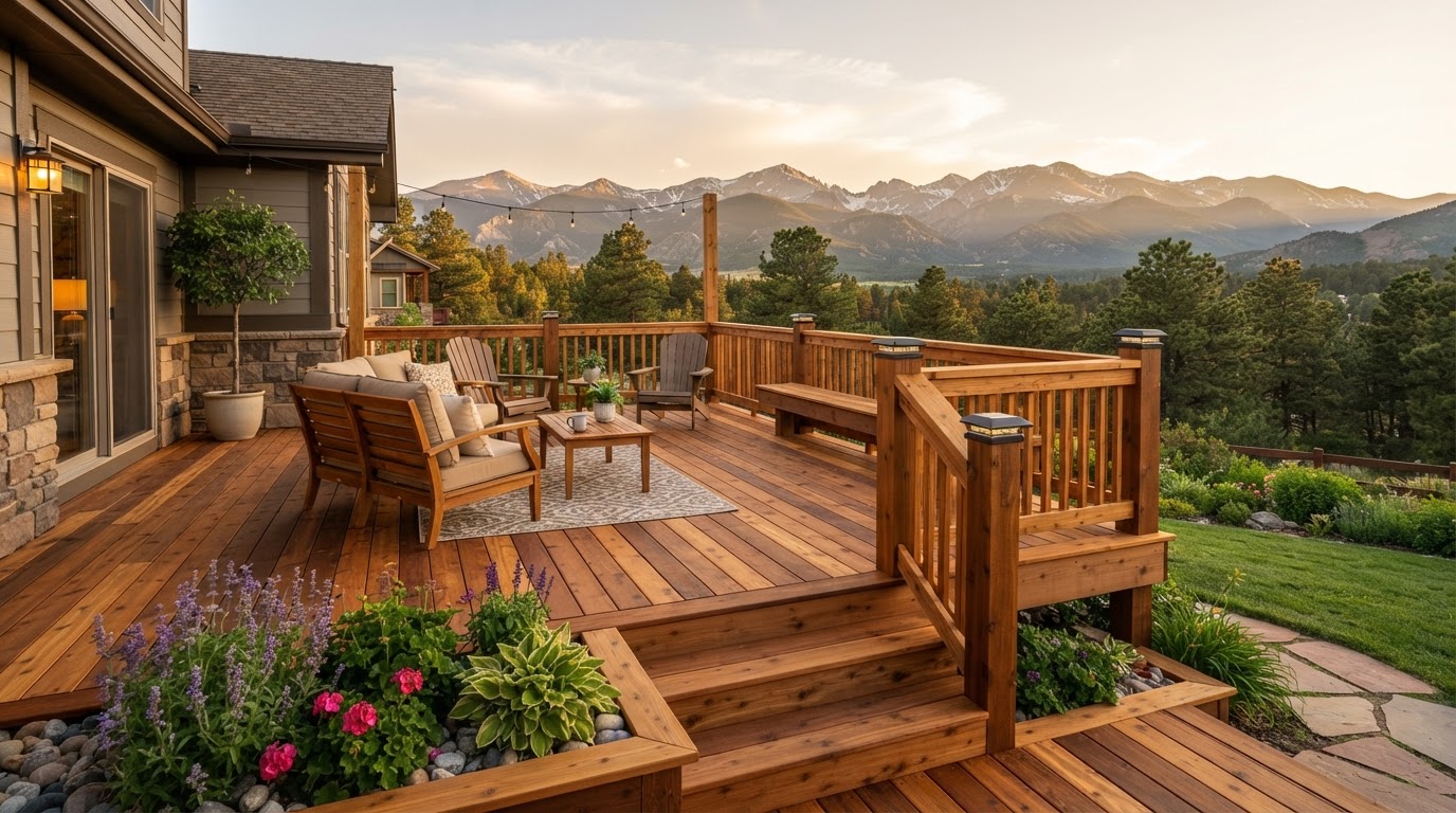 Repaired wooden deck with cedar boards and sturdy railing in a Colorado backyard