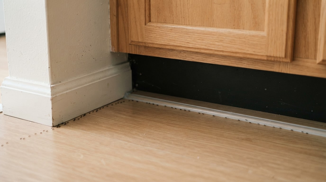 A faint ant trail along a clean wall-floor joint