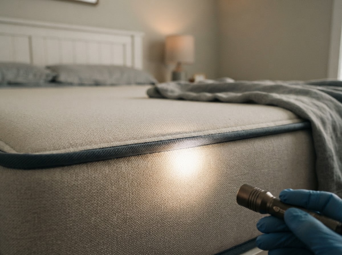 A flashlight inspecting a mattress seam edge