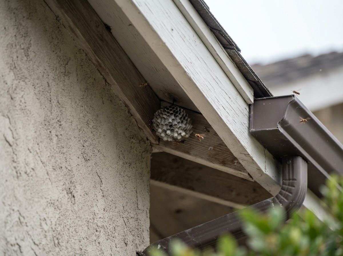 A small wasp nest under a roof eave seen from a safe distance