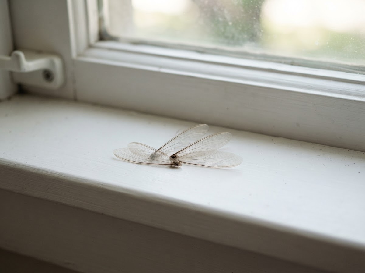 Discarded insect wings resting on a window sill