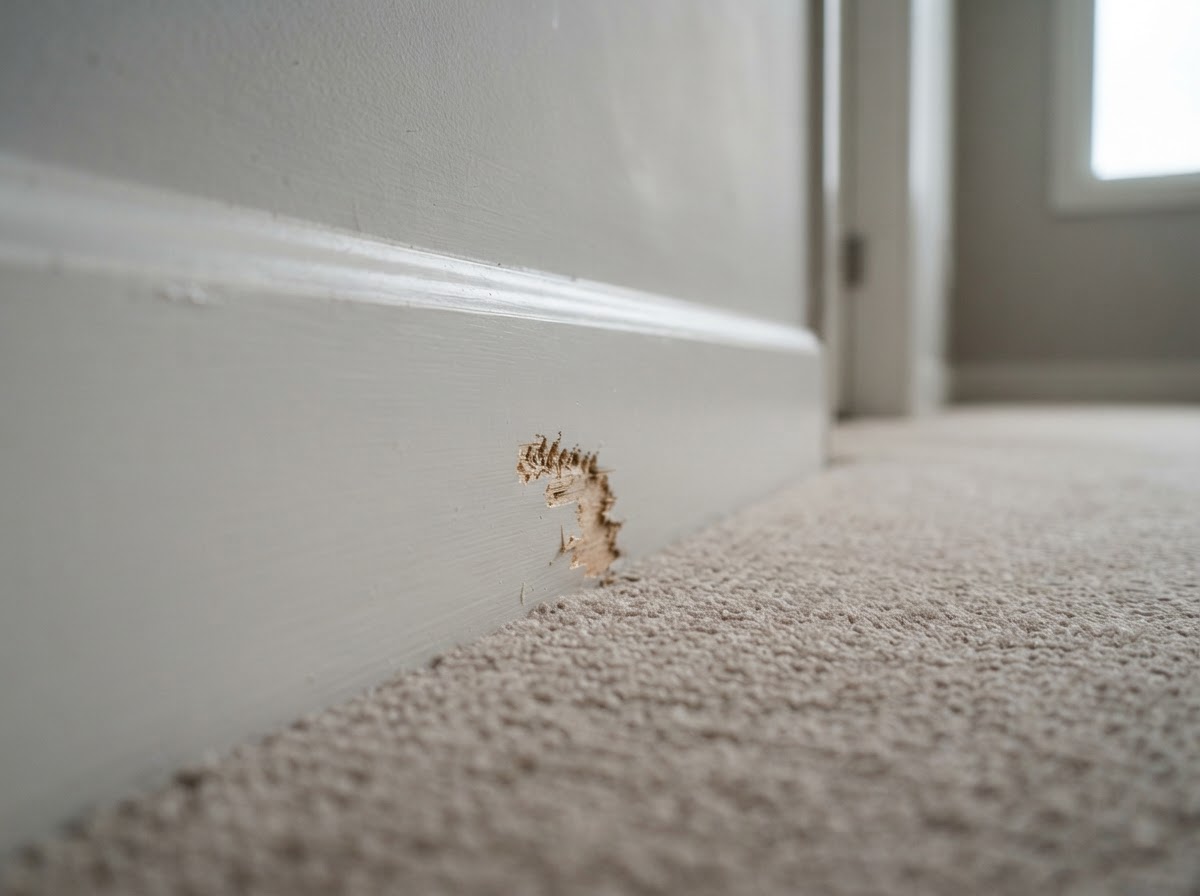 Gnaw marks along a clean wooden baseboard edge