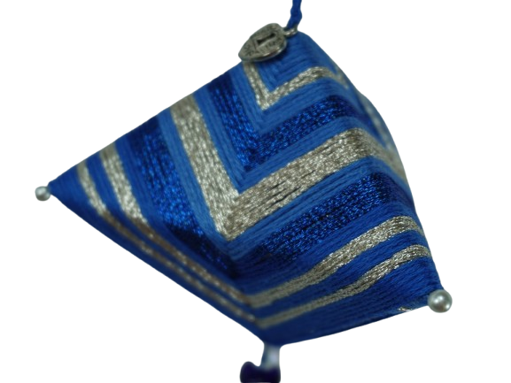 Cobalt blue and shimmering silver thread wrapped ornament with charm