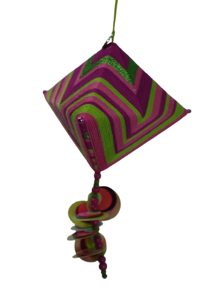 Magenta, lime green and purple wrapped ornament with spiral drop
