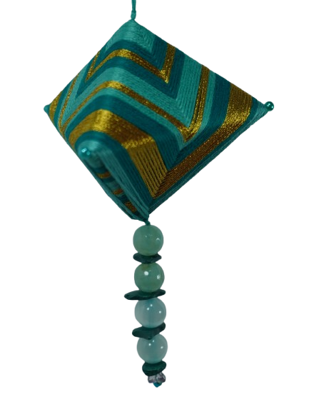 Teal and gold metallic chevron thread wrapped ornament with bead pendant