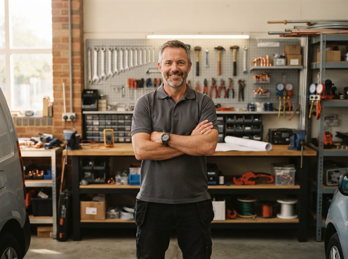 An established local service-business owner standing in a well-organized shop