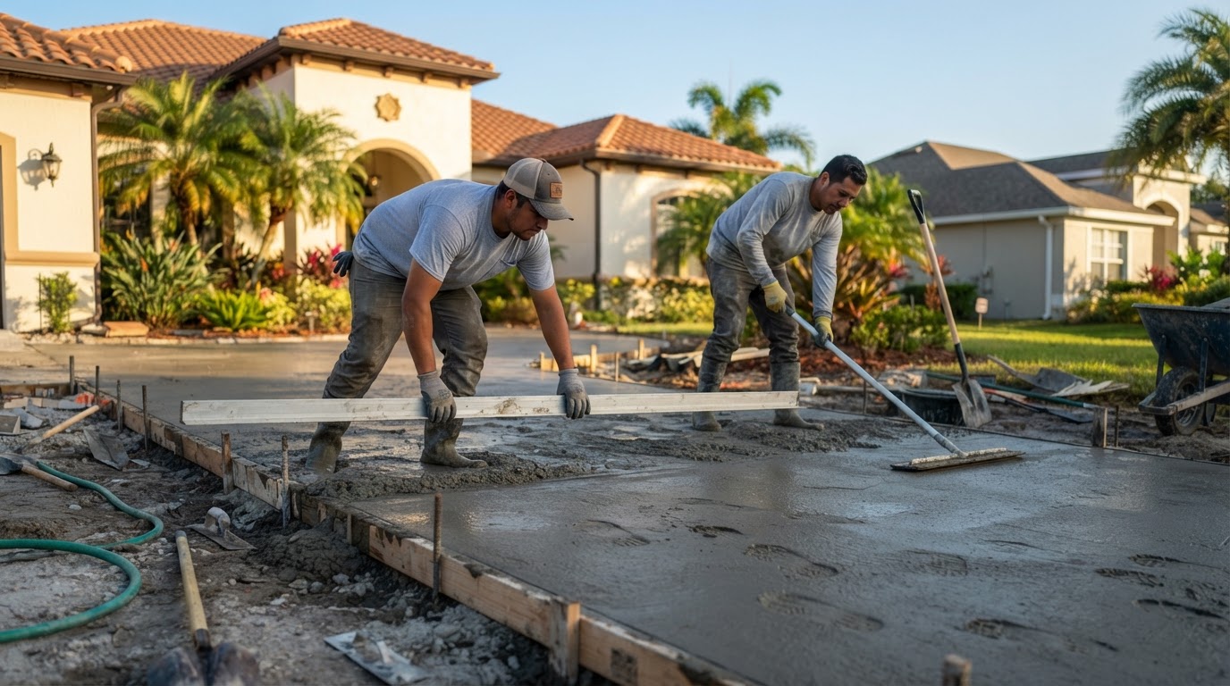 Concrete crew finishing a freshly poured driveway with a hand float at a Four Corners FL home
