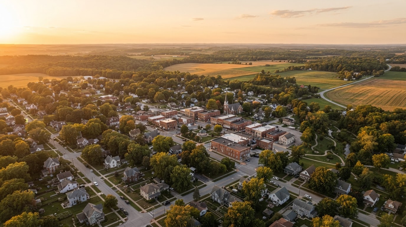A warm Midwestern residential street at golden hour — illustrative photography.