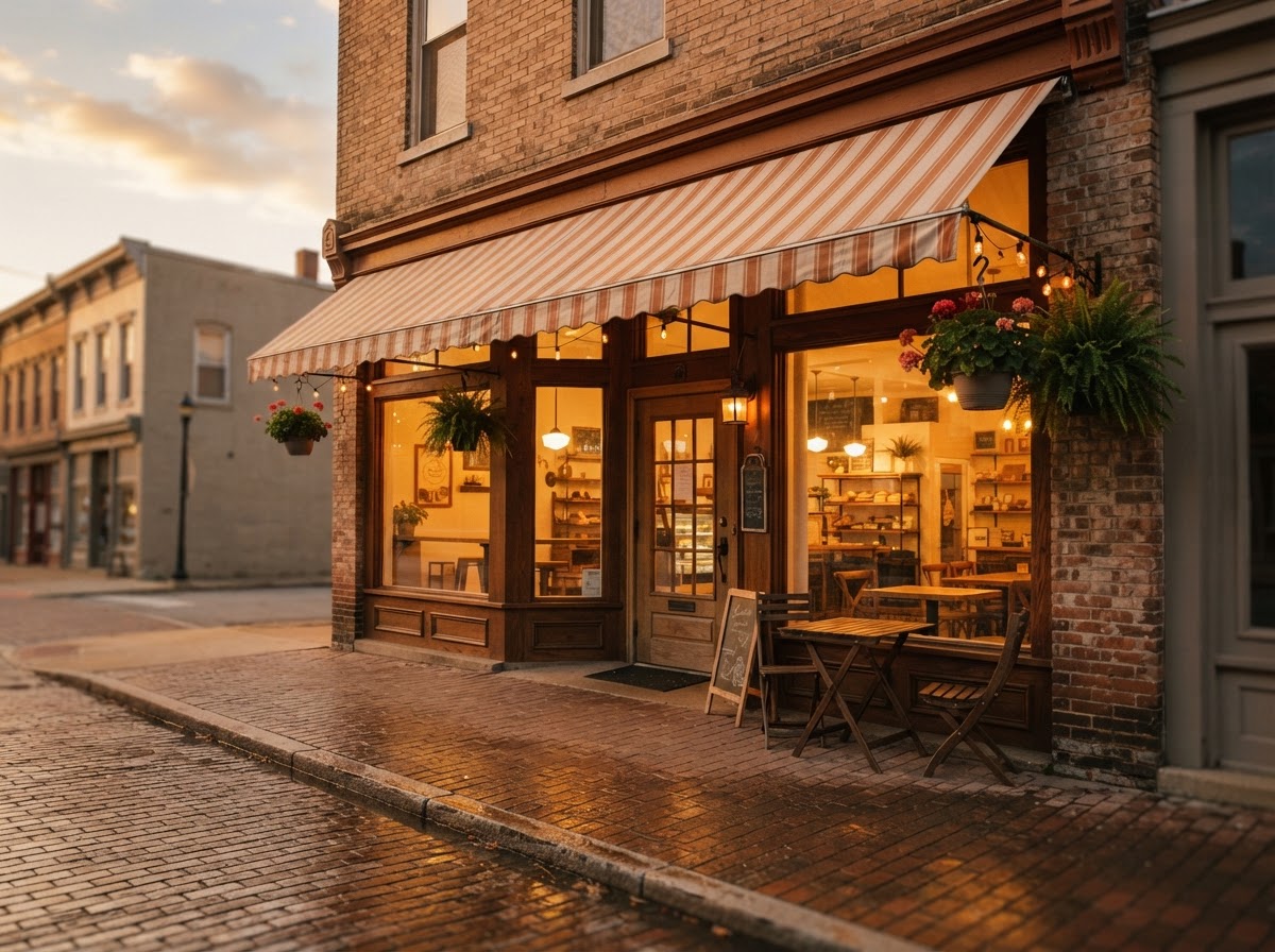 A small Ohio main-street storefront at golden hour — illustrative photography.