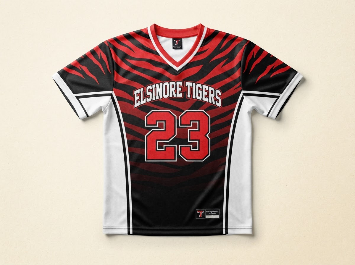 Full-dye sublimated Elsinore Tigers game jersey in black, red, and white with tiger stripe graphics