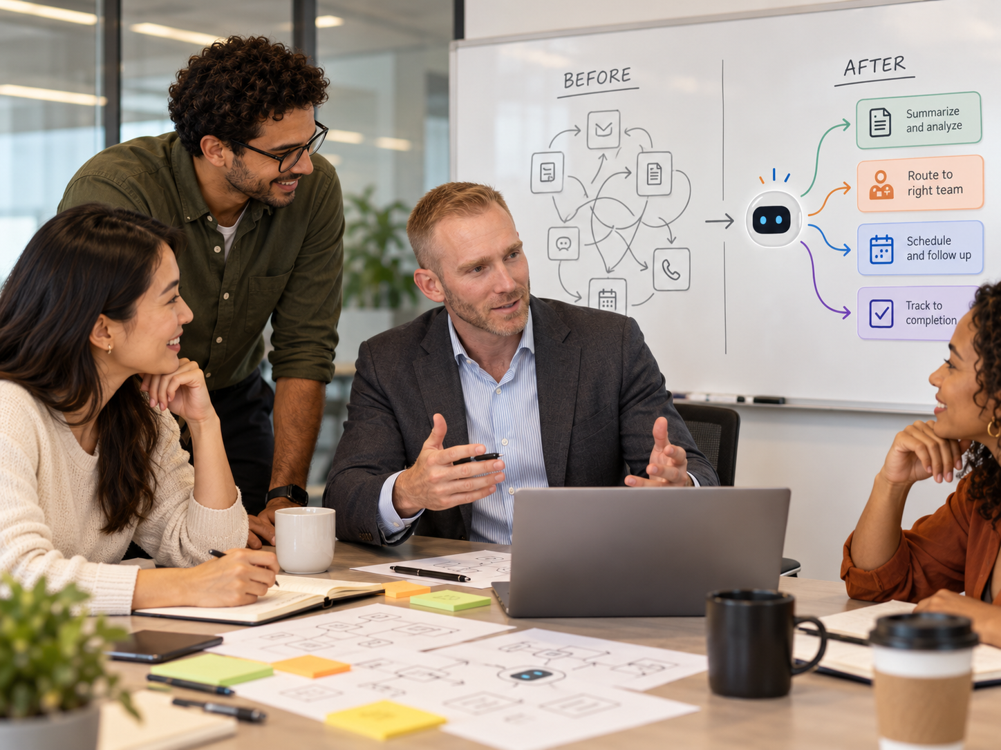 Mike Young collaborating with a team around a whiteboard