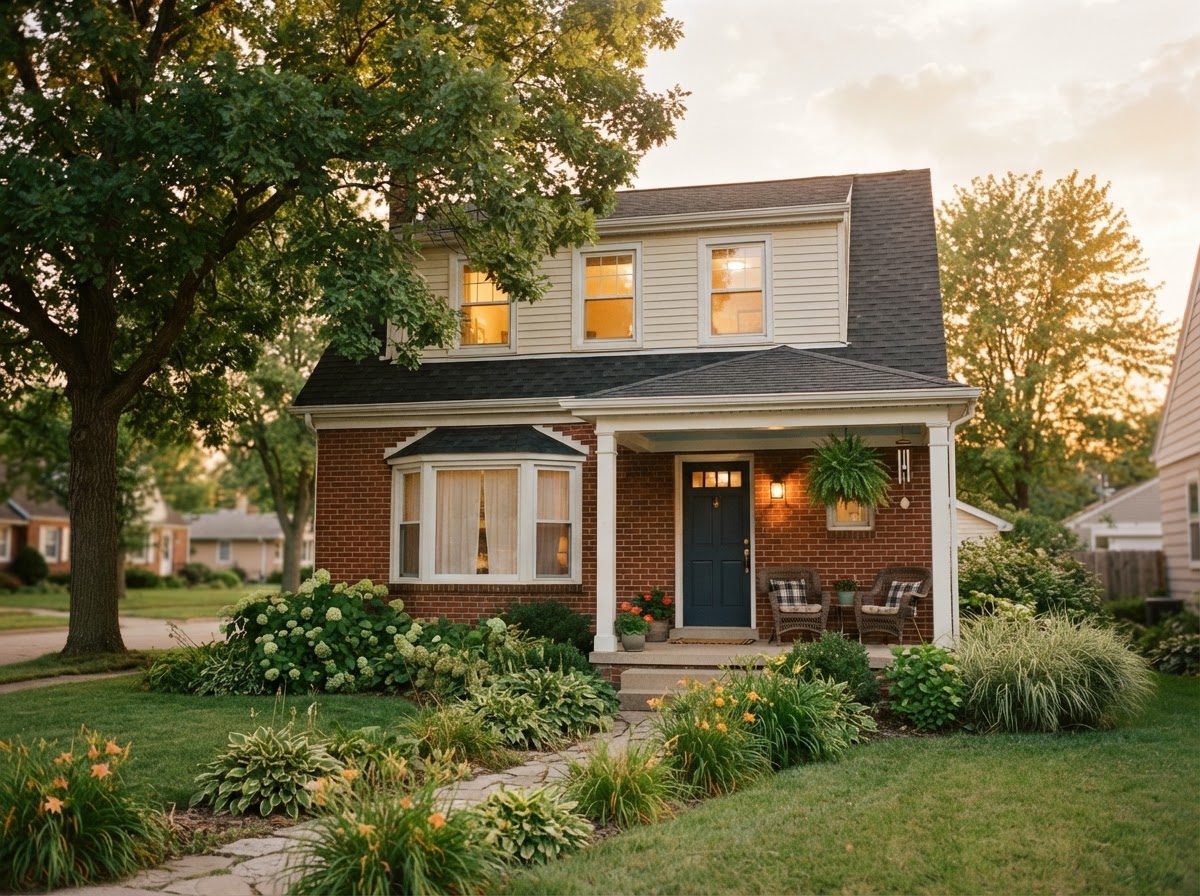 An inviting, attainable Midwestern home at golden hour — illustrative photo, not a verified local landmark or customer property.