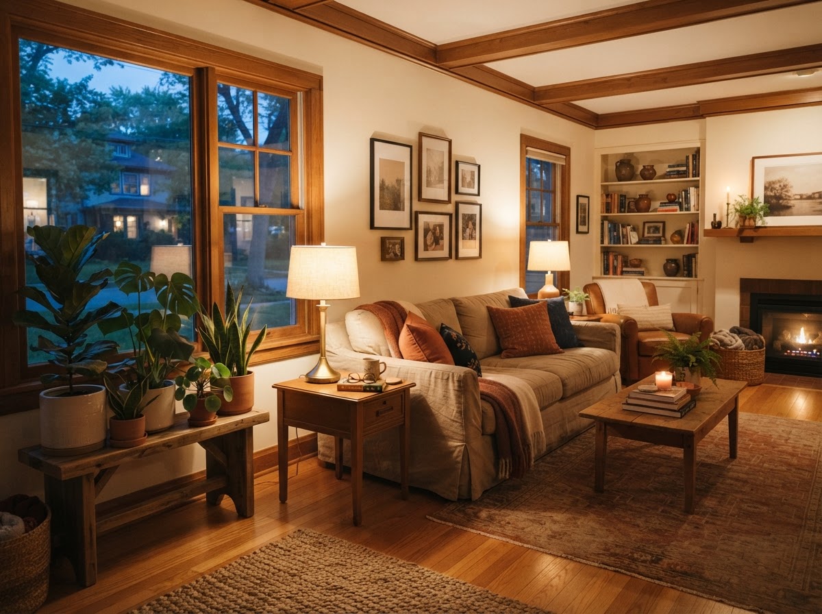 A cozy, inviting residential living room at dusk — illustrative photo.