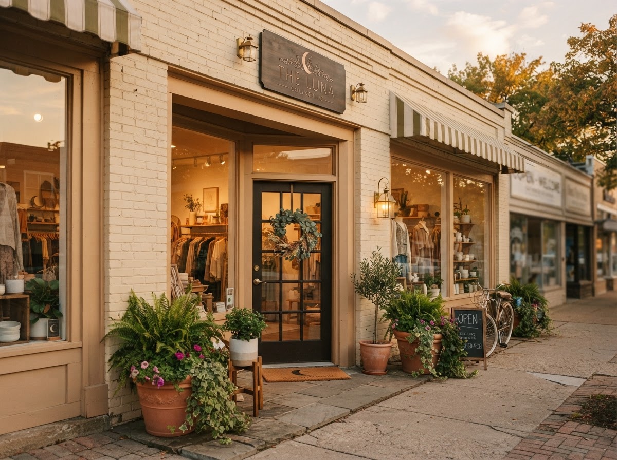 A small independent shop storefront at golden hour — illustrative photo.