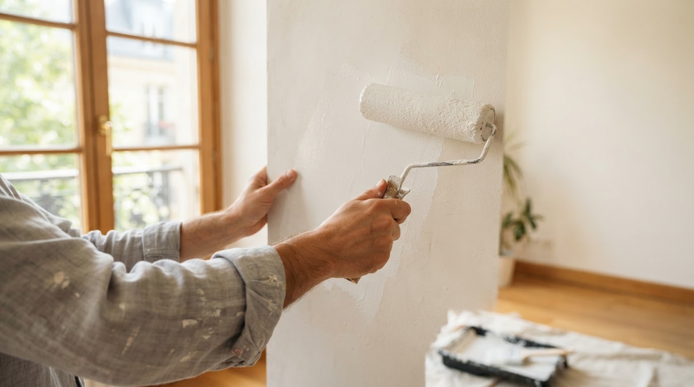 Hands using a paint roller to apply fresh paint to an interior wall
