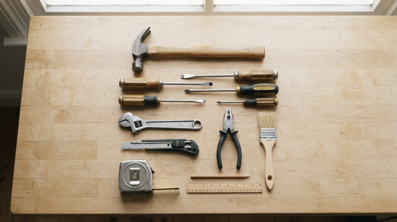 A tidy selection of generic hand tools arranged on a workbench
