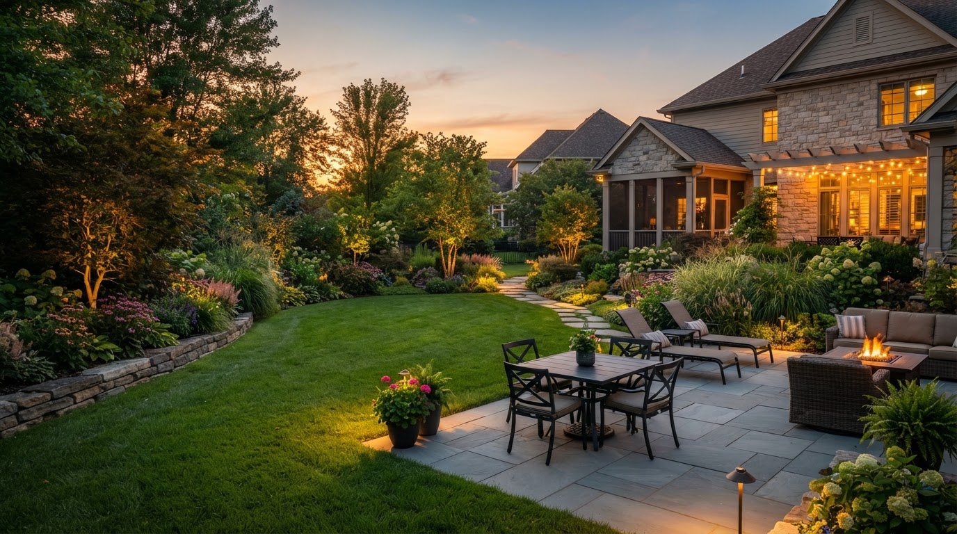 Professionally landscaped backyard in Mason, Michigan at golden hour