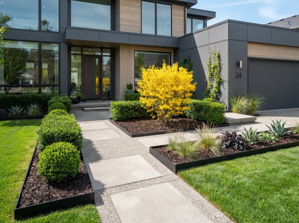Modern front yard landscape design with black edging and yellow accents