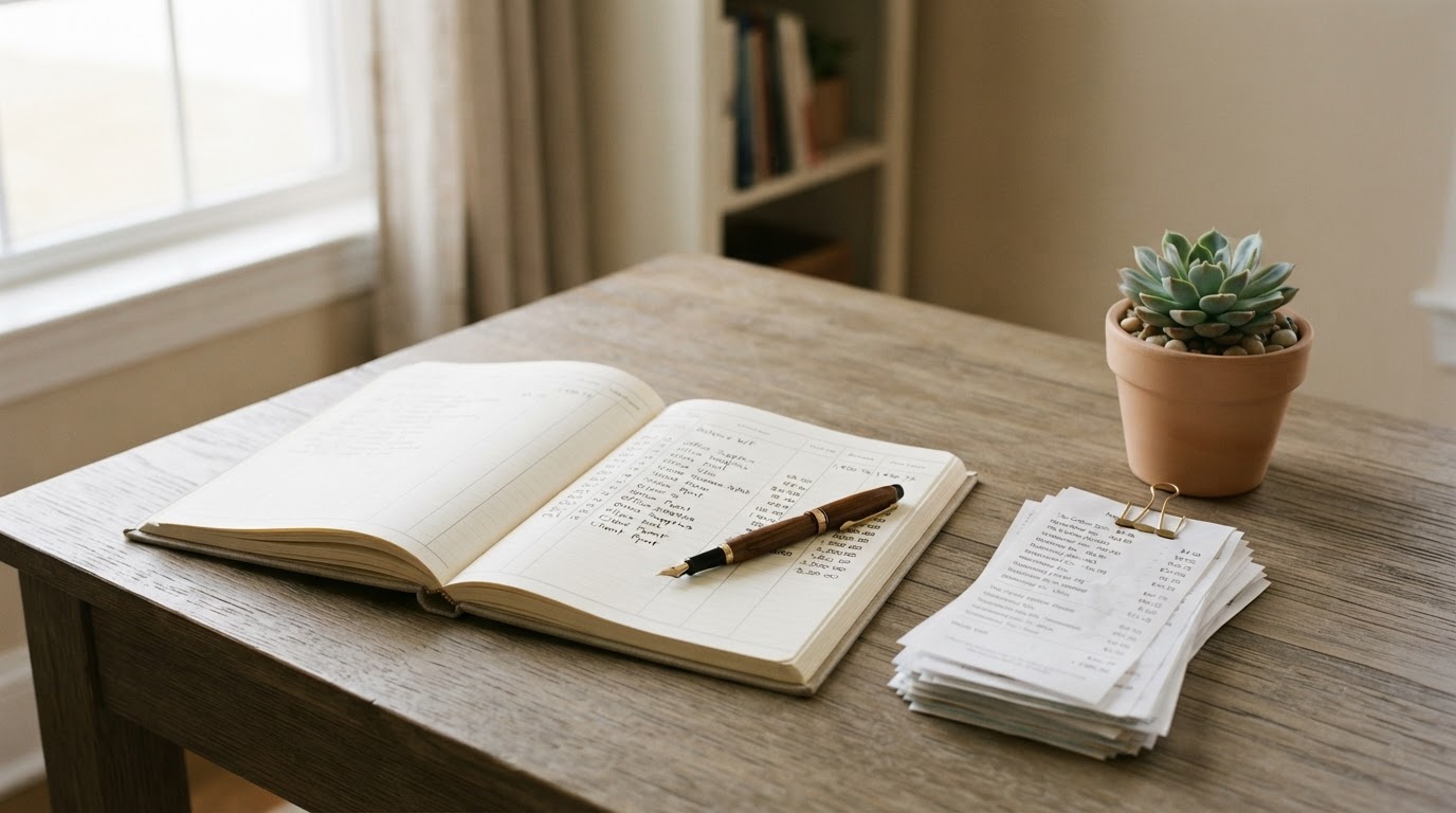 A tidy bookkeeper's desk with an open ledger, fountain pen, and receipts in warm natural light