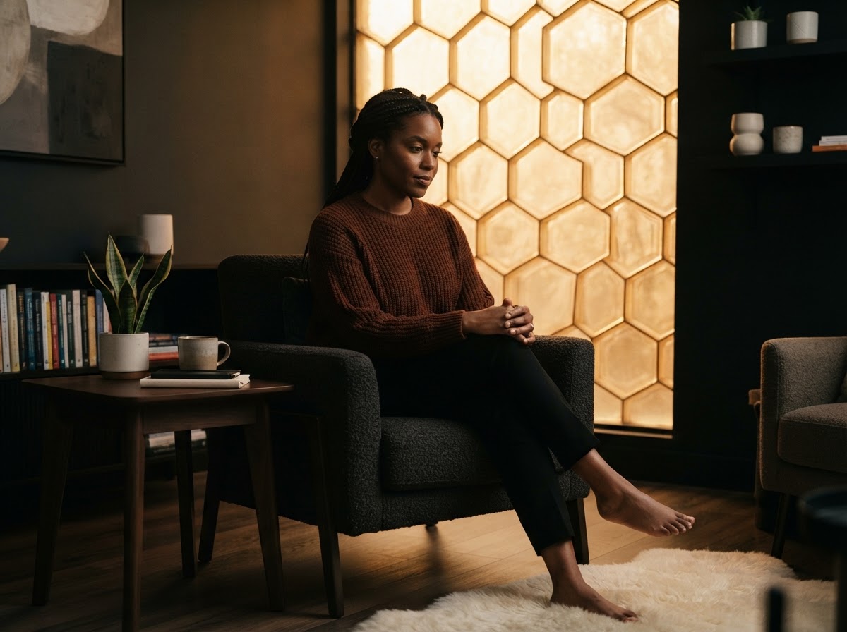 A Black woman in quiet reflection within a modern clinical sanctuary, surrounded by deep black textures and warm amber gold honeycomb geometry
