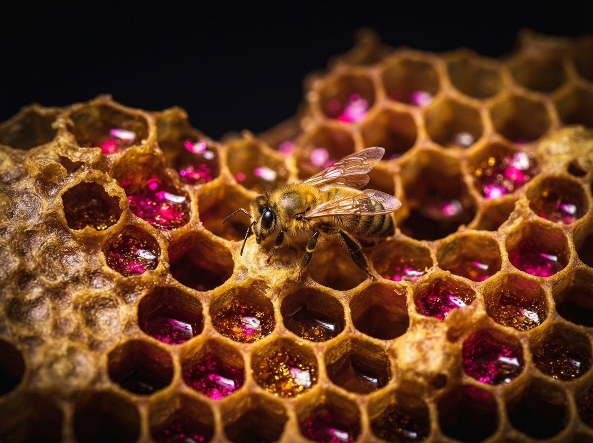 Golden honeycomb with glistening honey and a single bee, fuchsia light reflections