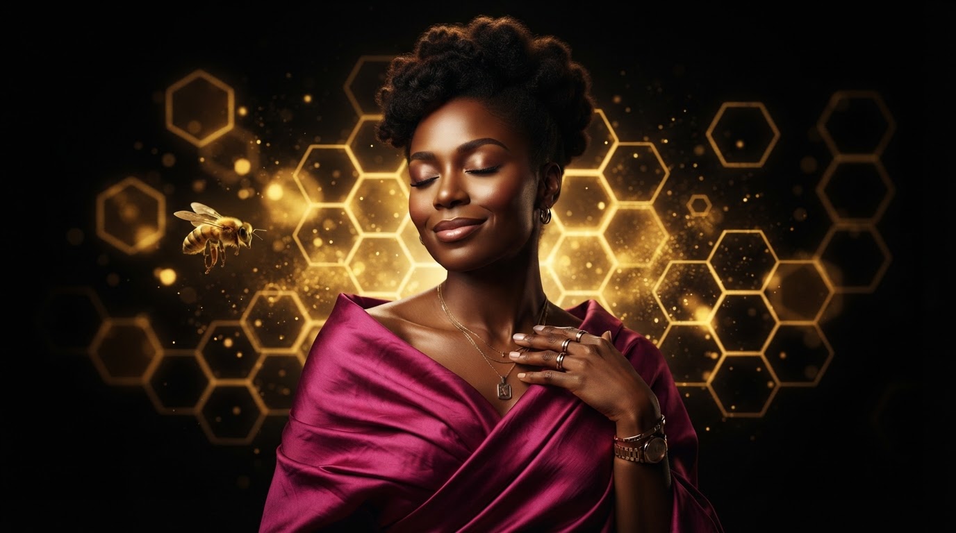 A regal Black woman in fuchsia silk, eyes closed in quiet self-possession, golden honeycomb glowing behind her