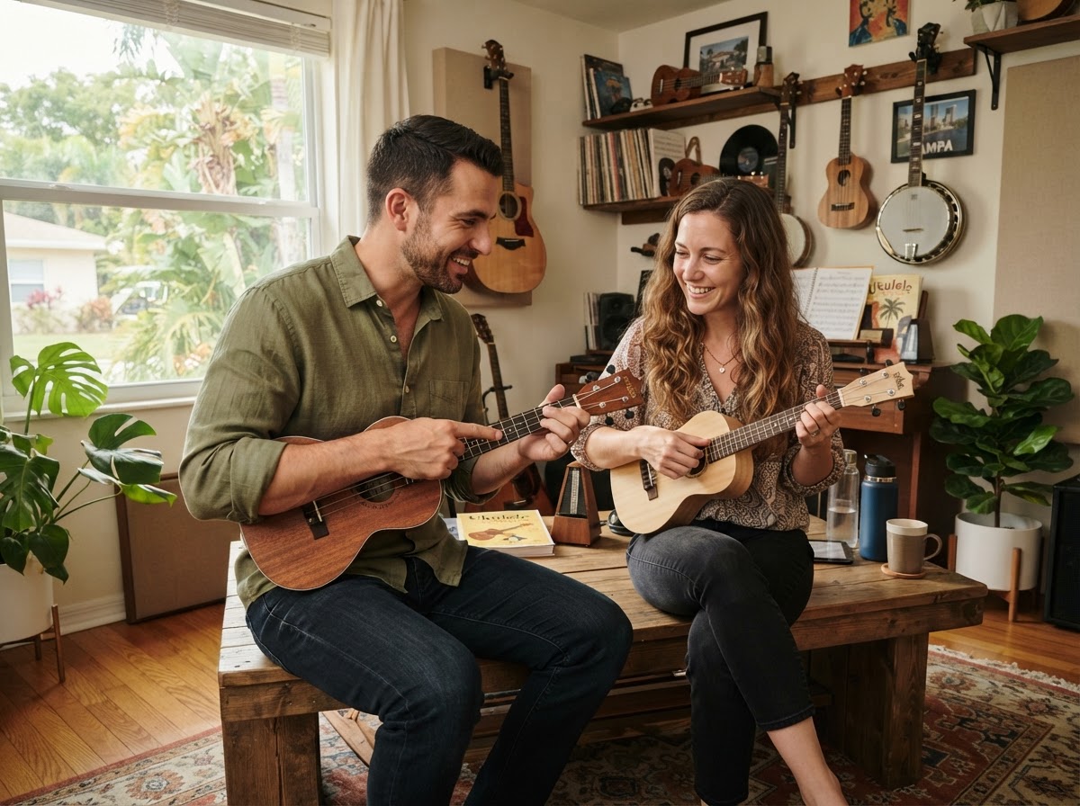 Music teacher showing ukulele chords to an adult student in a warm Tampa studio