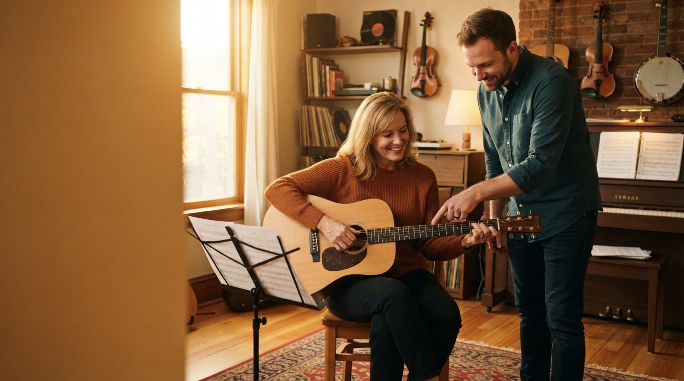 Music teacher demonstrating a guitar chord to an adult student during a private lesson in a warm Tampa, Florida studio