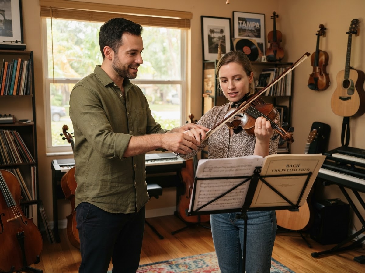 Music teacher demonstrating violin bow technique to an adult student in a warm Tampa studio