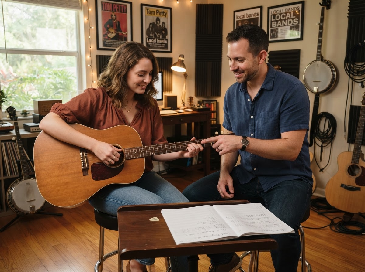 Music teacher demonstrating a guitar chord to an adult student in a warm Tampa studio