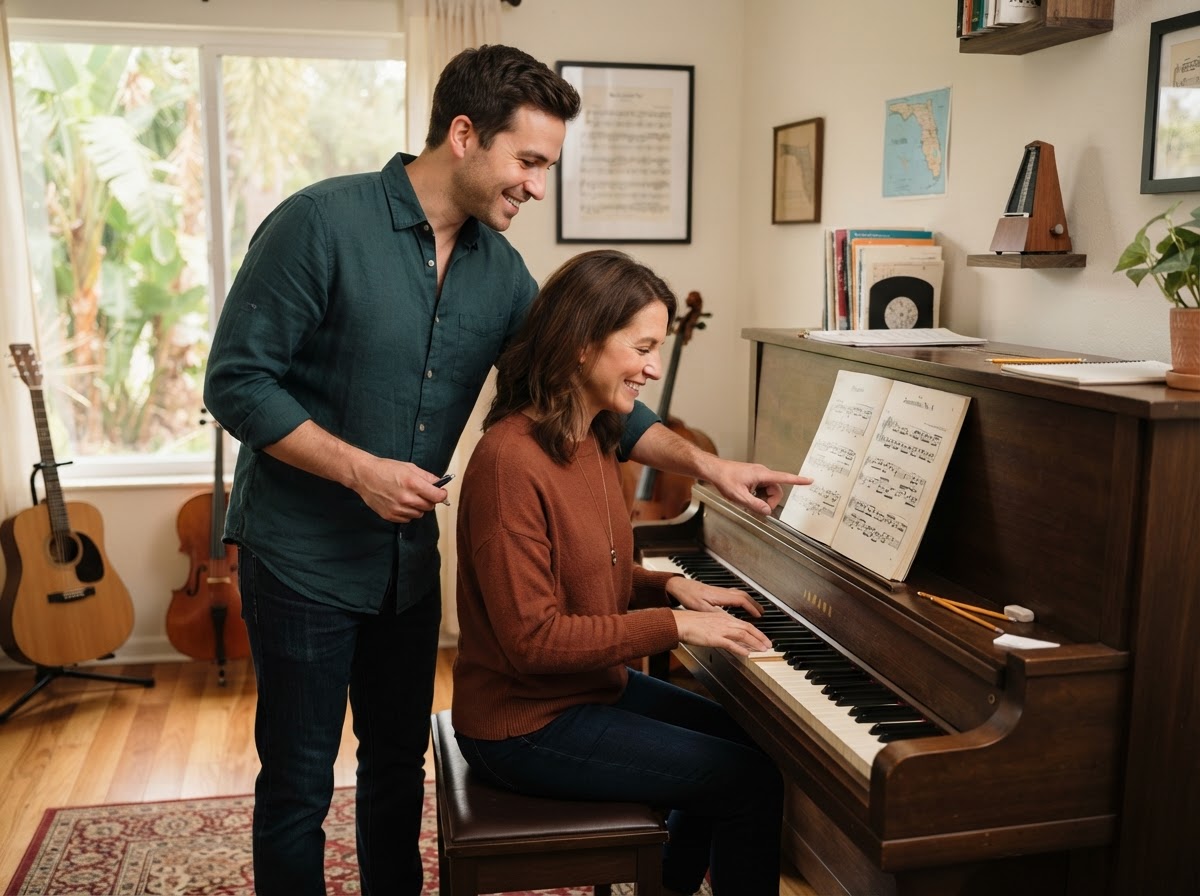Music teacher guiding an adult student at the piano in a warm Tampa studio