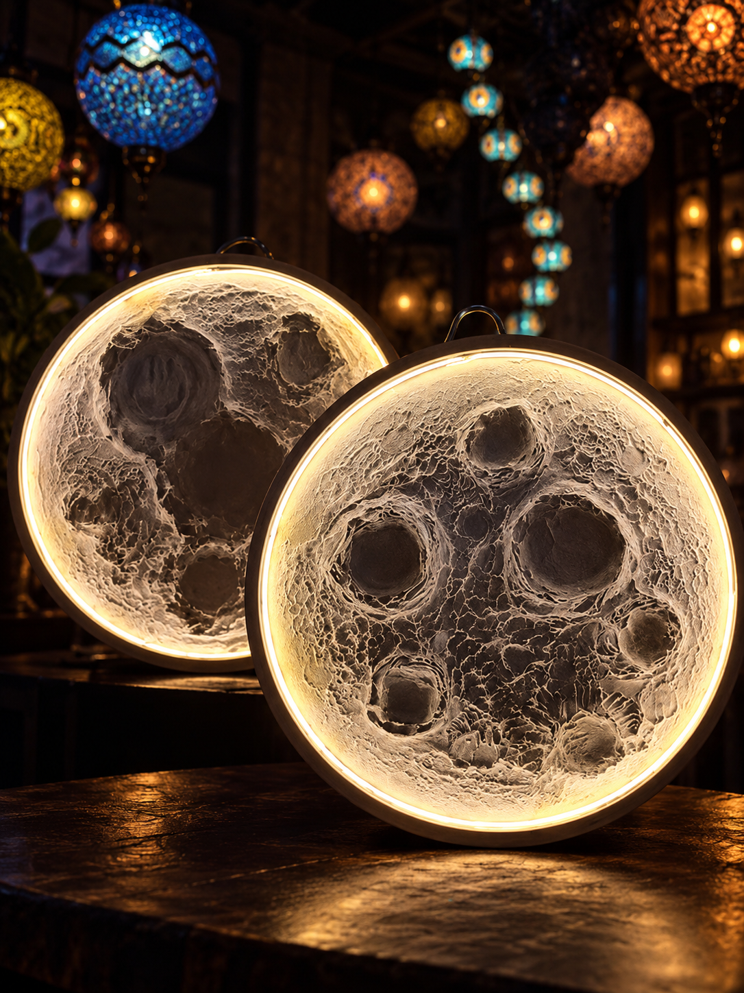 Lámparas de luna iluminadas con relieve hechas en Atelier
