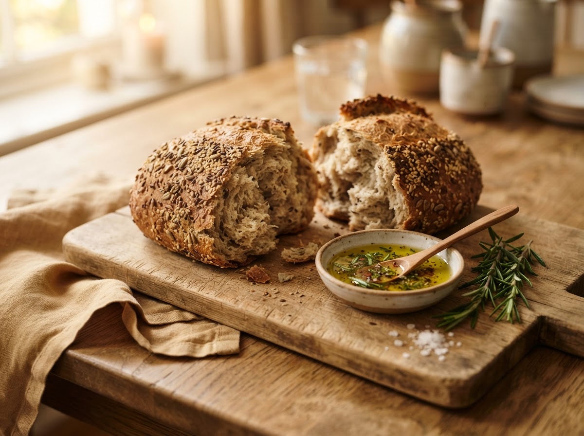 A rustic seeded bread loaf torn in half on a wooden board with a ceramic dish of golden herb-infused dipping oil and rosemary.