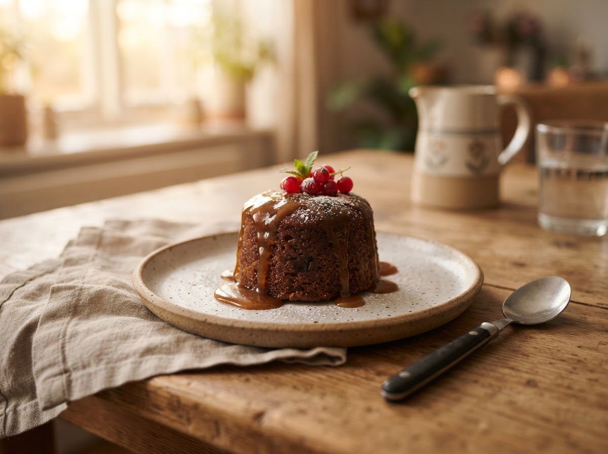 A Sunday pudding with glossy sauce on a ceramic plate with a spoon on a warm wooden table.
