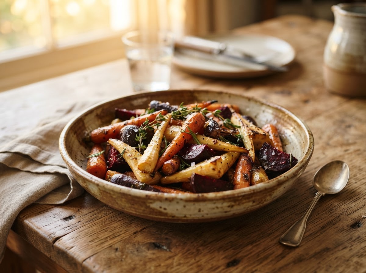 Caramelized roasted root vegetables — carrots, parsnips, and beets — in a rustic ceramic bowl with thyme on a wooden table.