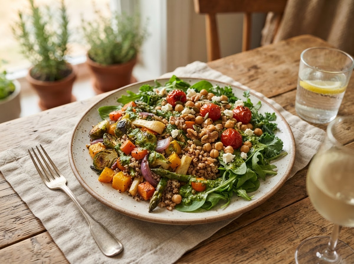 A garden vegetable plate with seasonal roasted vegetables, grains, and leafy greens dressed with herbs on a ceramic plate.