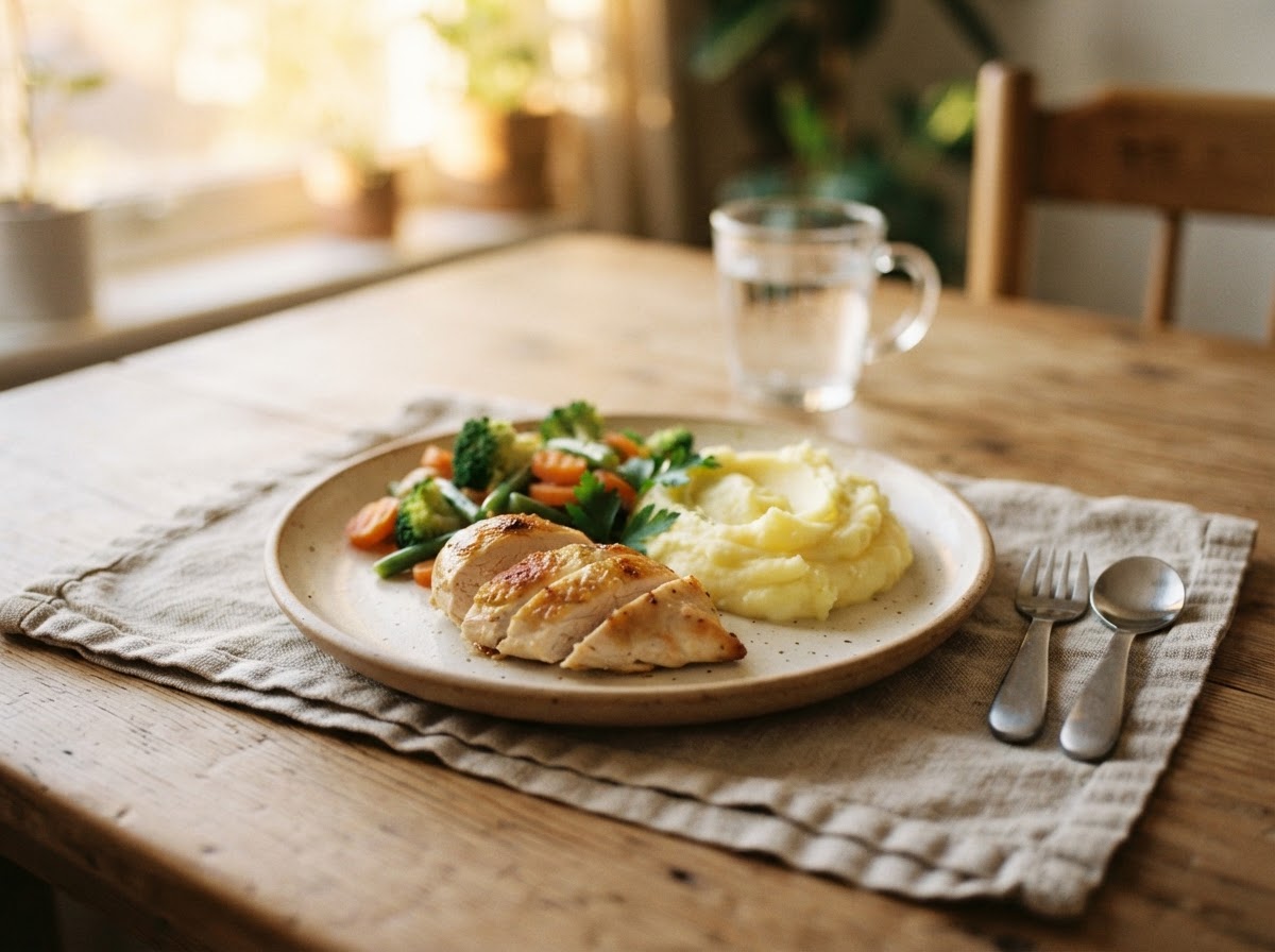 A smaller child-friendly plate with simple roasted chicken, mashed potato, and steamed vegetables on a ceramic plate.