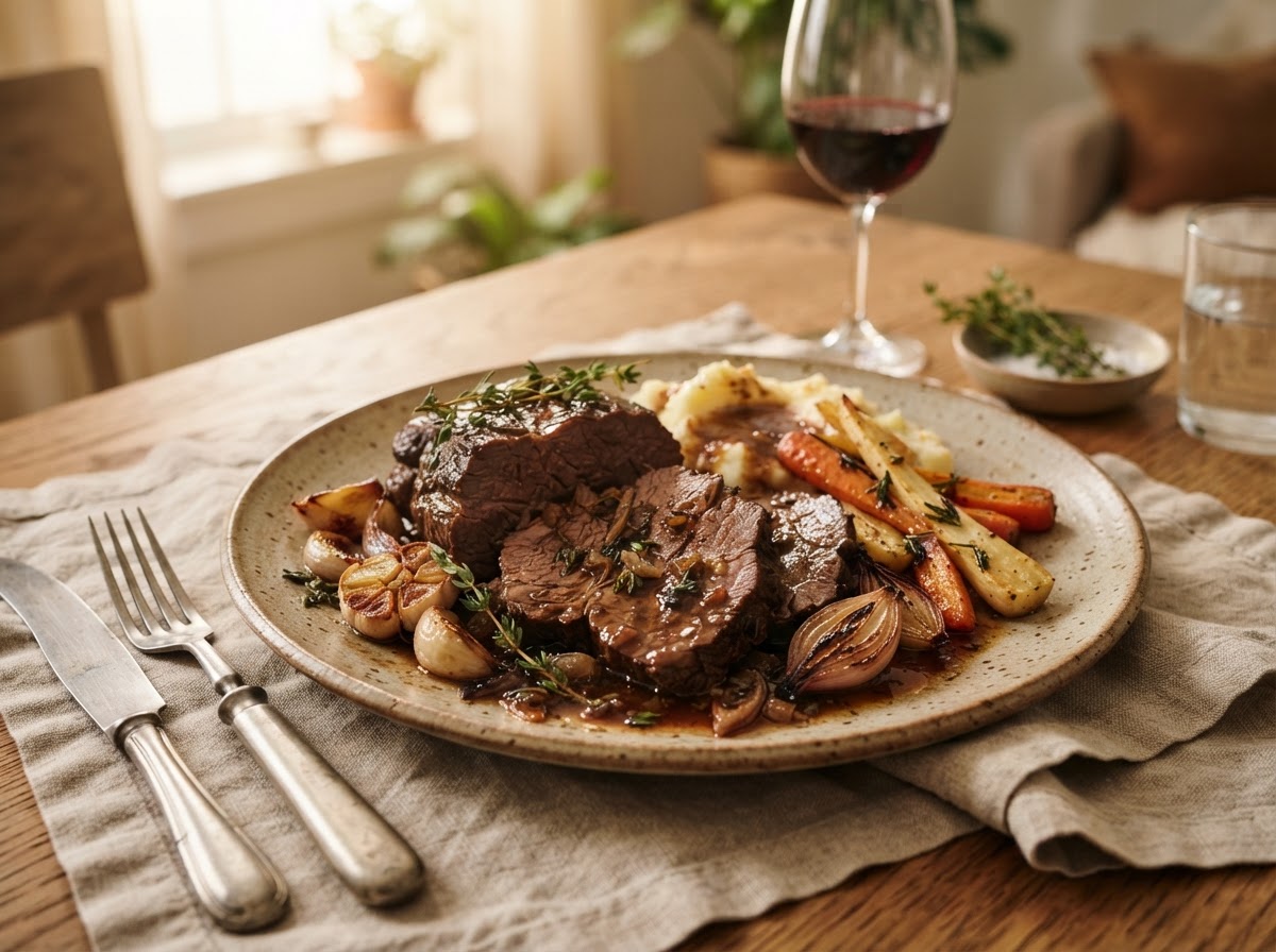 Sliced slow-braised beef roast plated on a ceramic dish with rich braising juices, roasted garlic, and thyme on a warm wooden table.