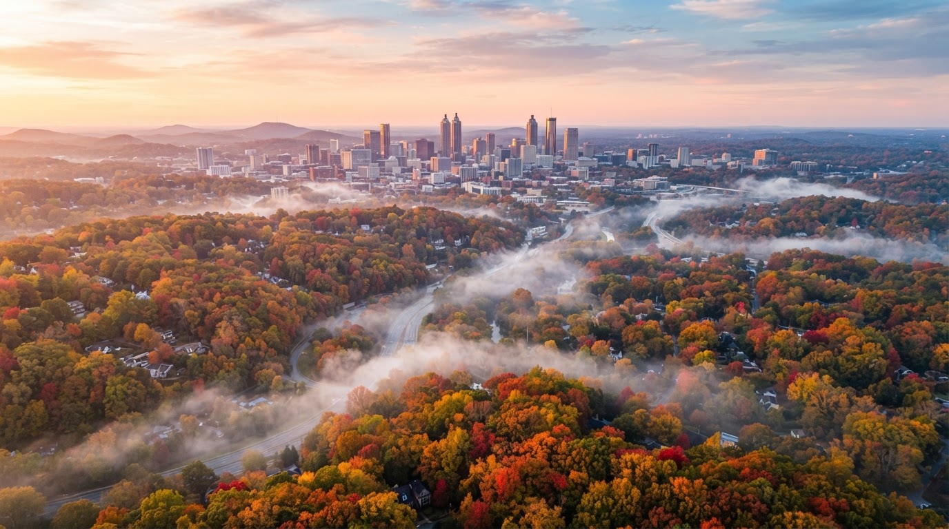 Aerial drone view of the Atlanta area at sunrise with vivid fall foliage