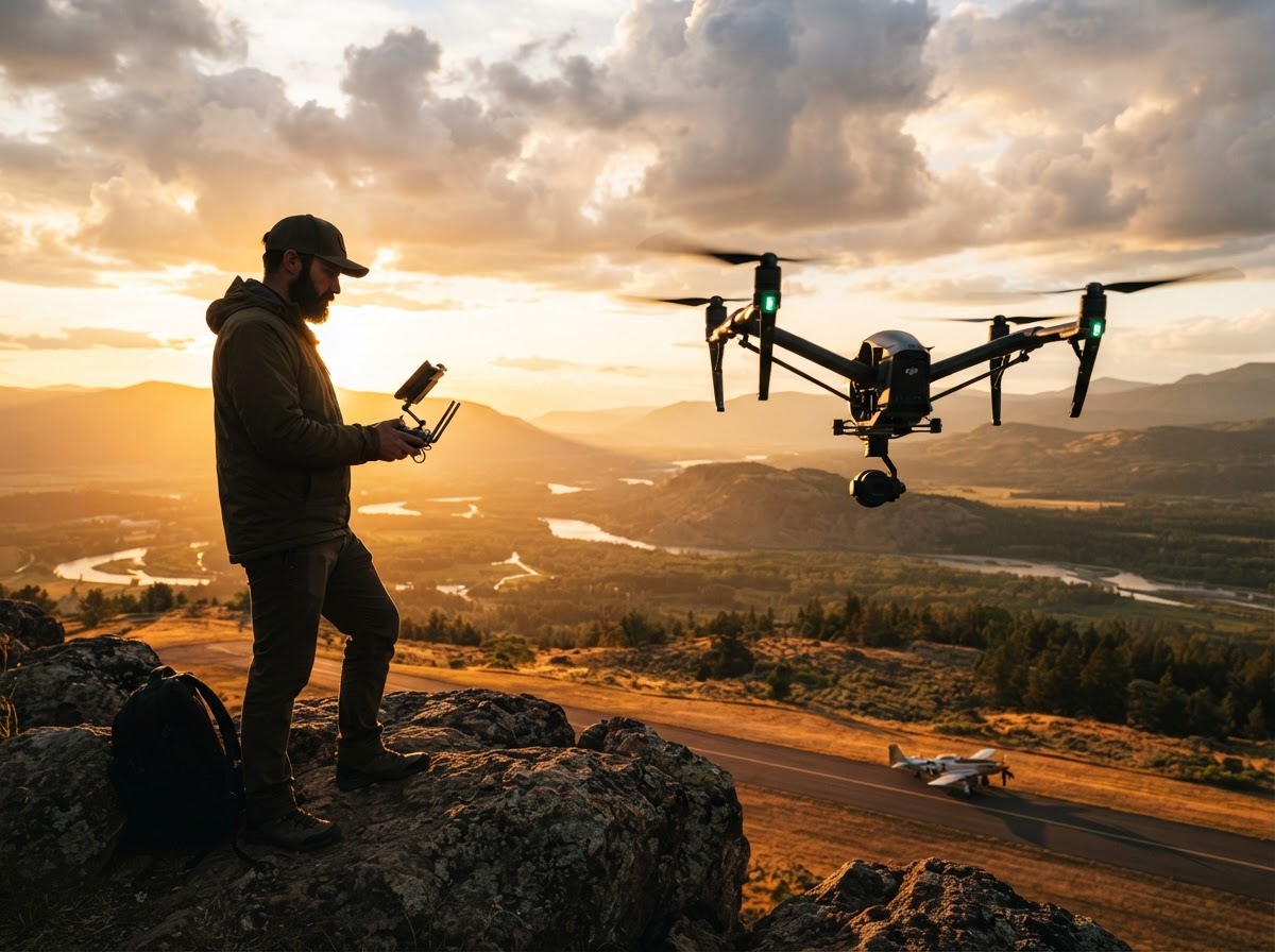 P51 Aerial drone pilot capturing aerial perspectives at golden hour