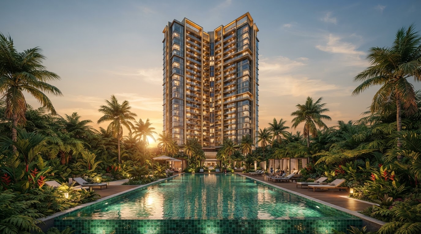 Luxury Philippine condominium tower at golden hour