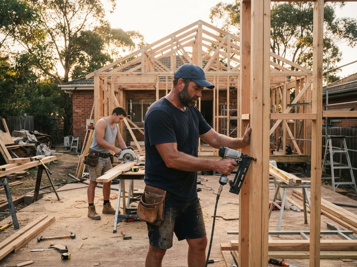 Australian trade business owner reviewing plans on site