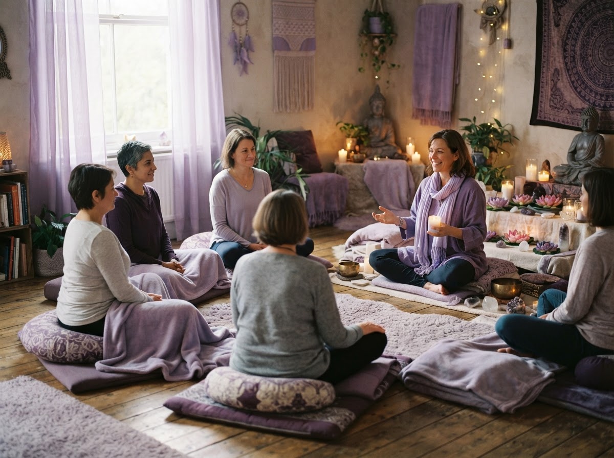 A warm Reiki class gathering in a peaceful purple-toned studio