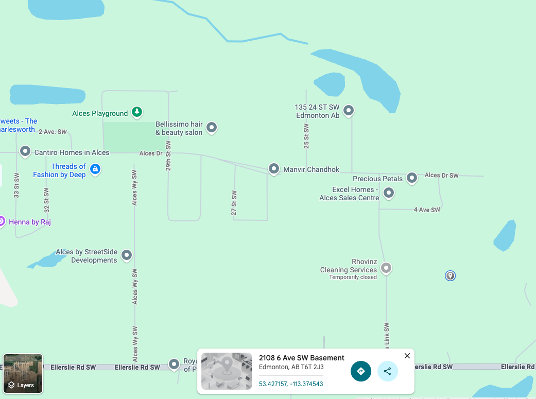 Alces community map showing the duplex home pin at 2133 5 Avenue SW off Ellerslie Road SW