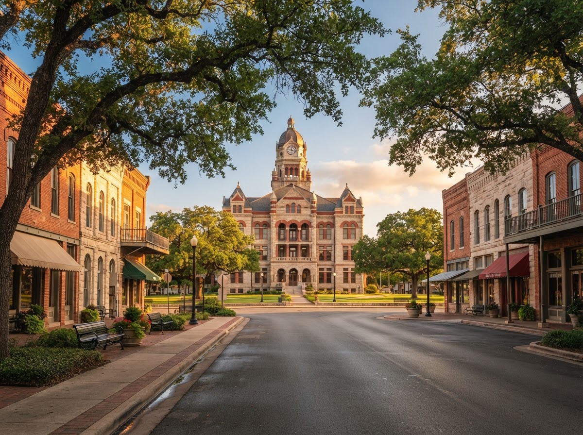 Historic downtown Georgetown Texas square with limestone buildings