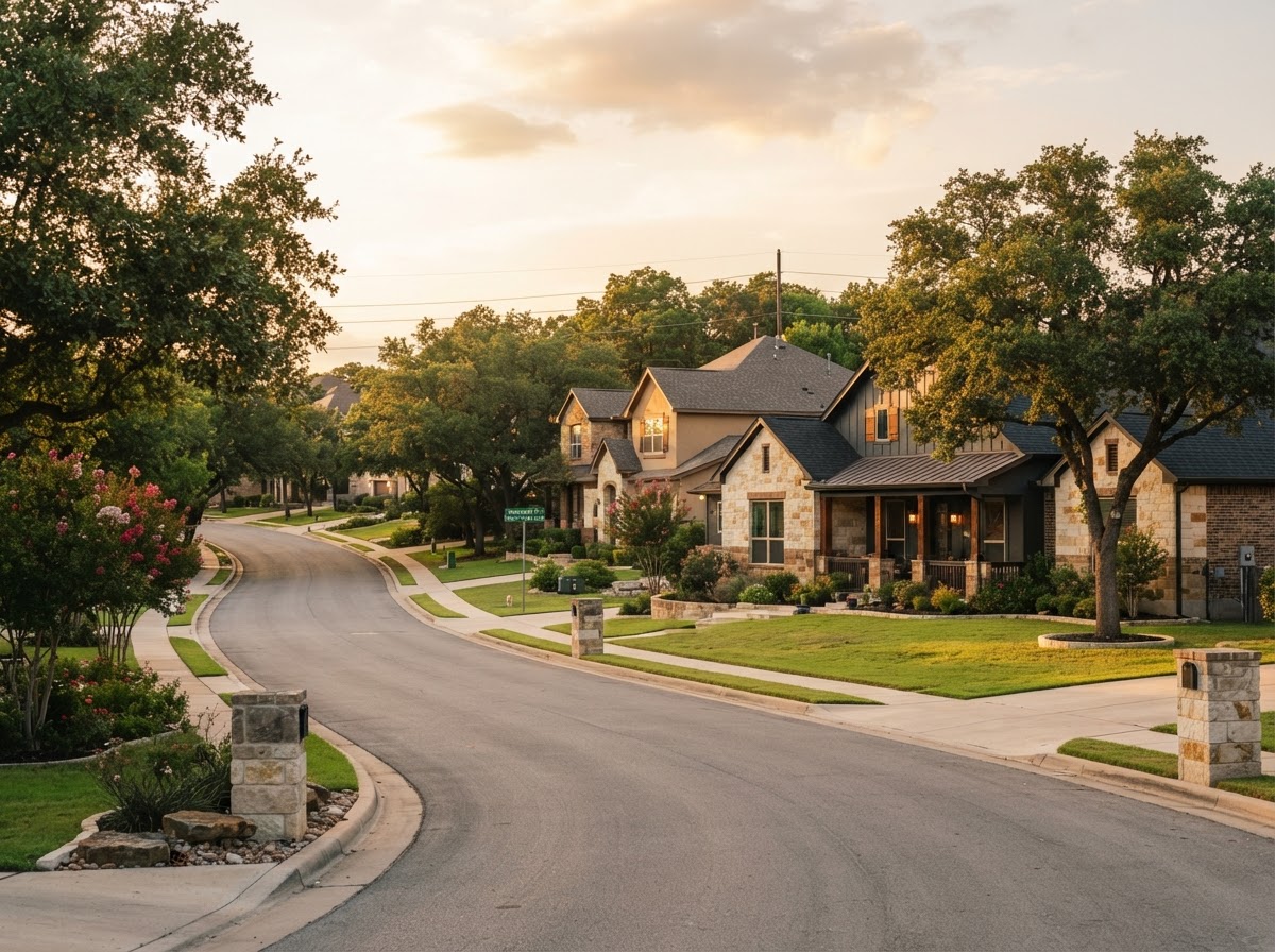 Tree-lined Central Texas neighborhood with family homes