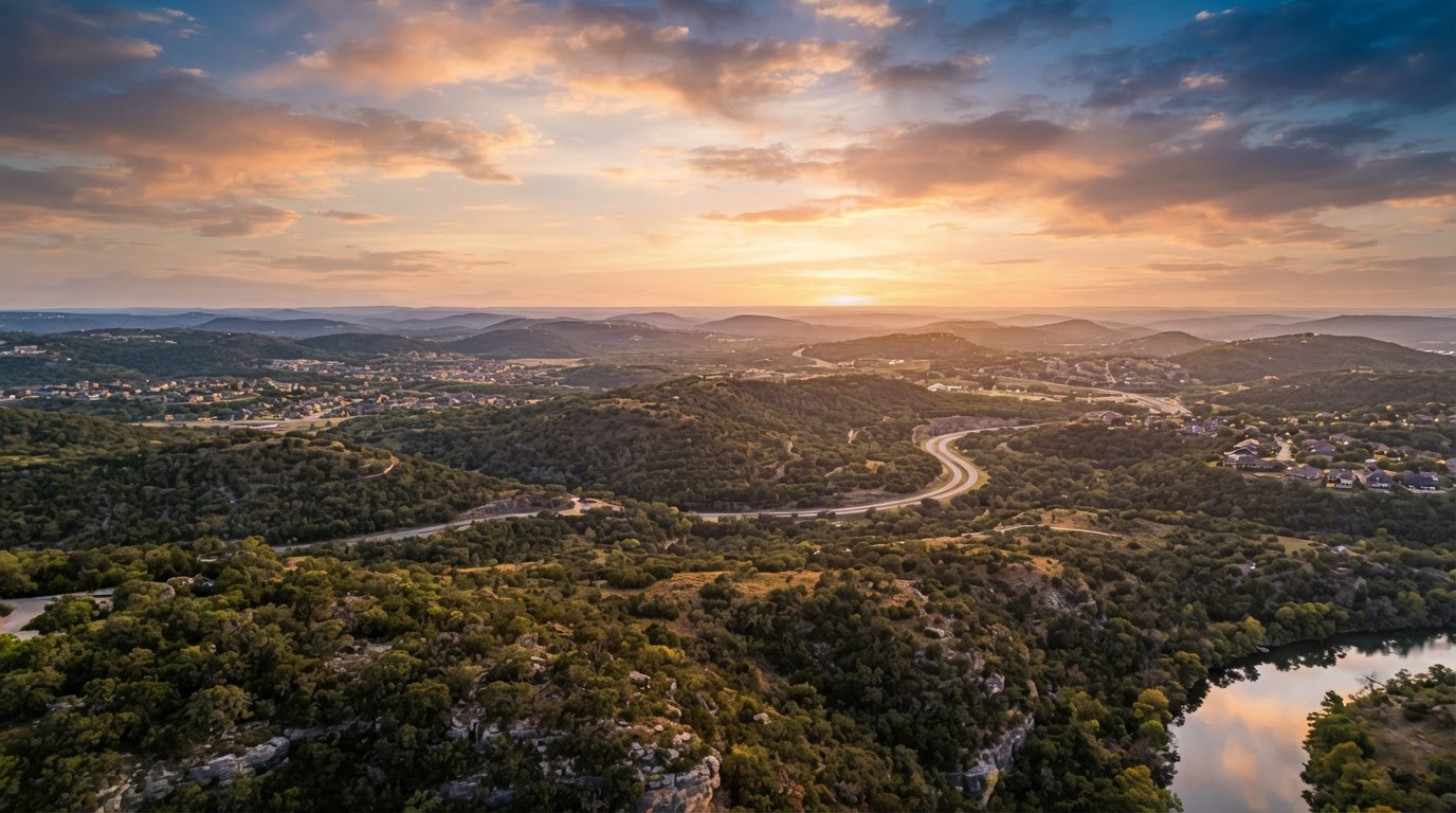 Central Texas hill country at sunset