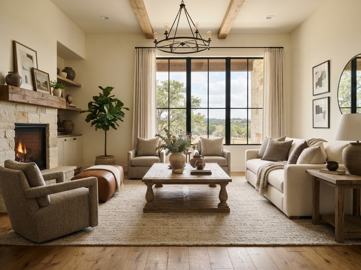 Elegant Central Texas living room interior with warm neutral tones