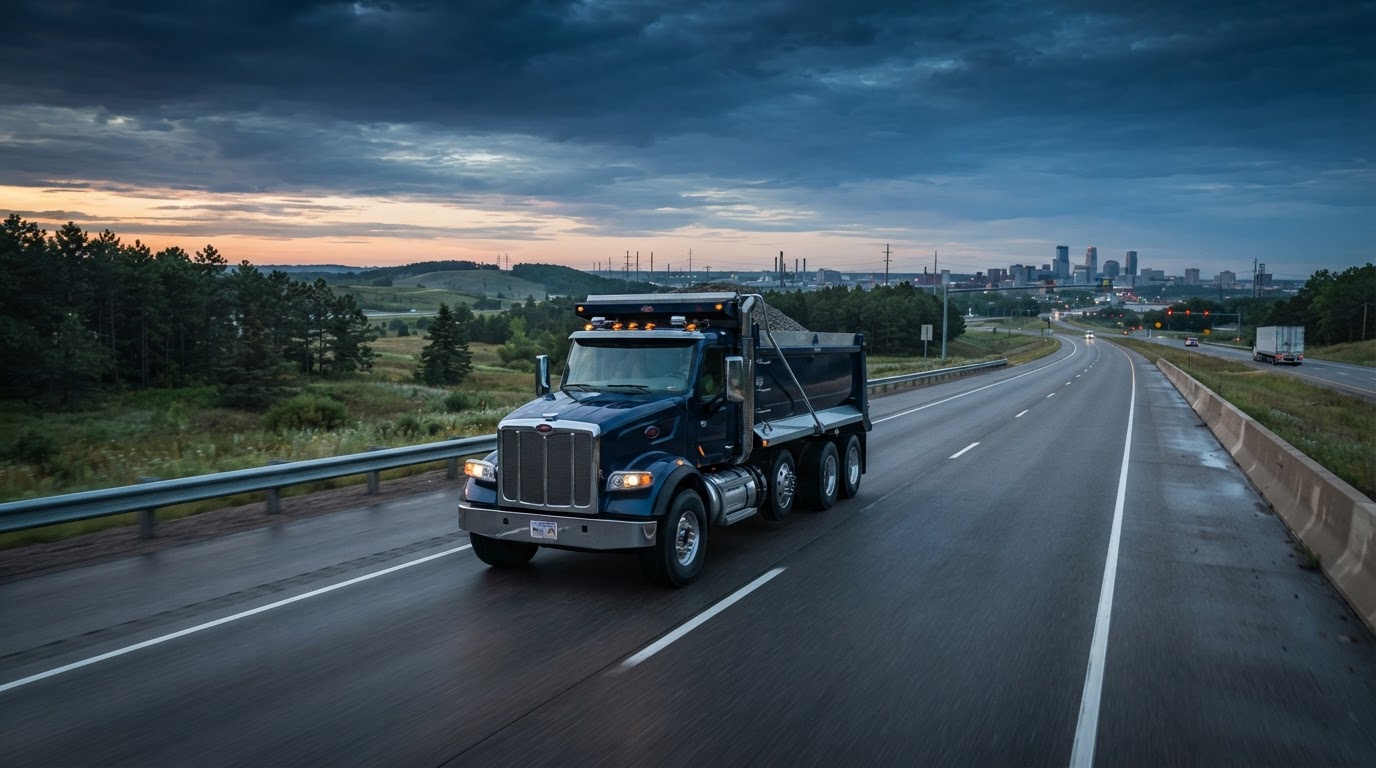 Quad-axle dump truck on a Minnesota highway at dawn